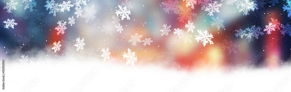 Holiday New Year background, blurred neon lights, snowflakes, snow. Holiday New Year background, blurred neon lights, snowflakes, snow.