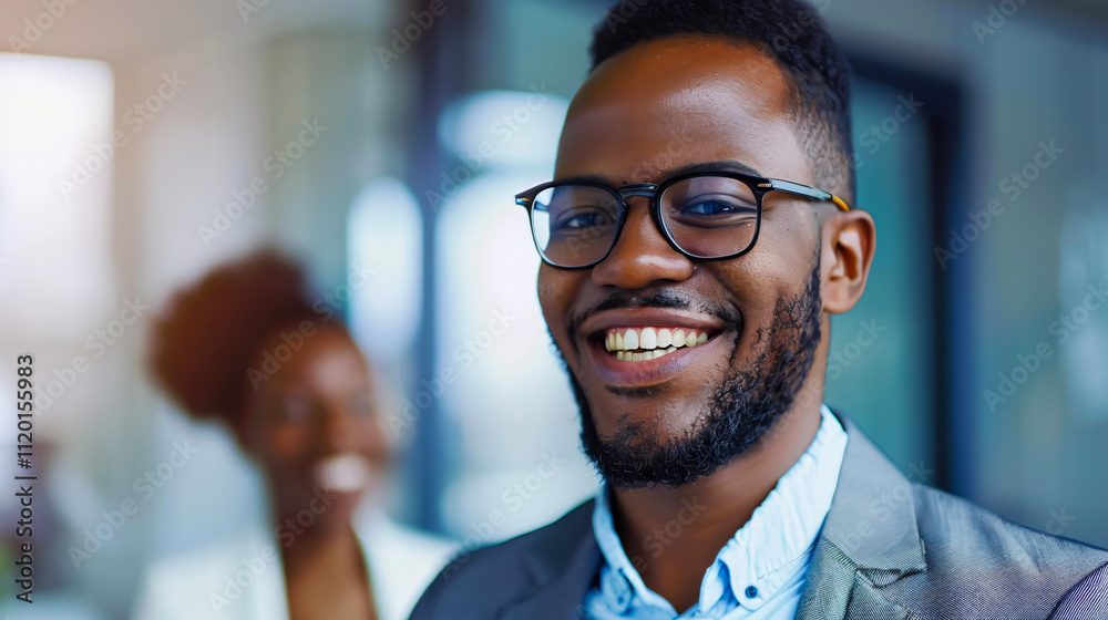 Obraz premium Cheerful businessman looking at a blurred African American journalist and smiling in a studio.