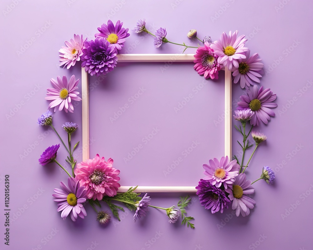 A delicate frame adorned with an array of colorful flowers sits against a soft lavender background, evoking feelings of freshness and artistic expression typical of springtime blooms