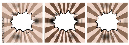 Comic style background with mocha color scheme and radial burst effect featuring empty speech bubbles. Minimalist vector graphics, and modern color.Design for ads, branding, banner, cover