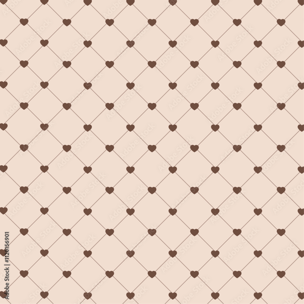Naklejka premium Seamless geometric pattern with small brown hearts connected by diagonal lines on a beige background