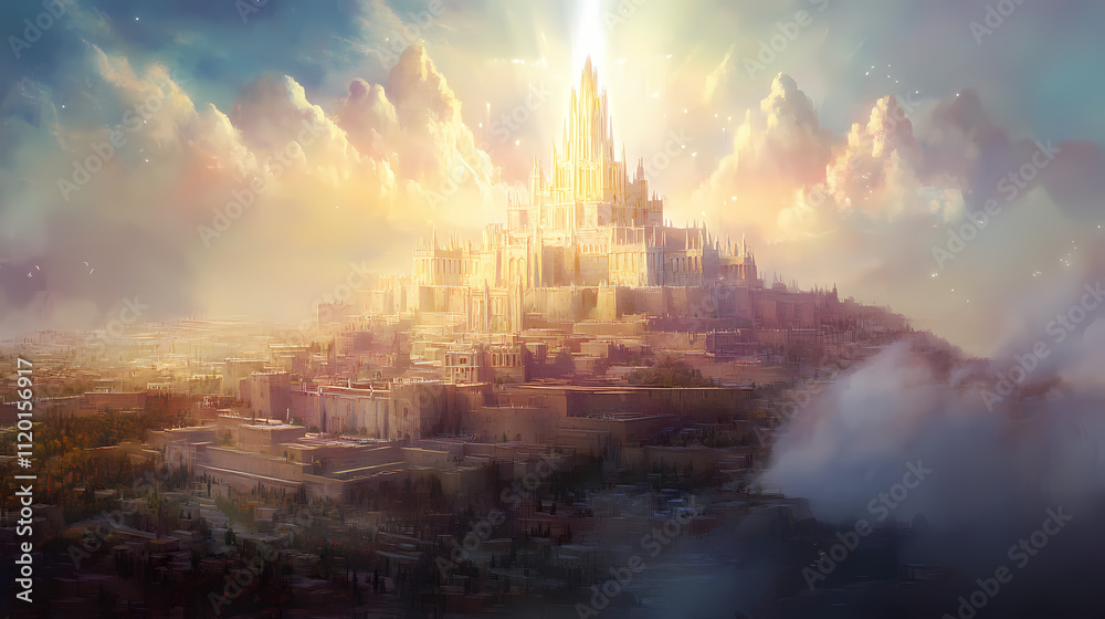 Fototapeta premium The heavenly new jerusalem a promise for god's people. concept hope, promise, new jerusalem, god's people with white shades, png. Seraphic. Illustration