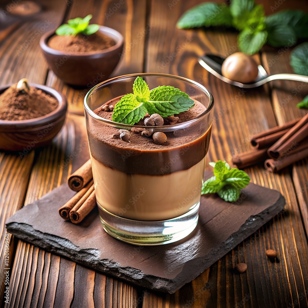 A rich chocolate mousse, layered elegantly and topped with mint leaves, is surrounded by cocoa powder, cinnamon sticks, and chocolate pearls. A cozy culinary delight awaits