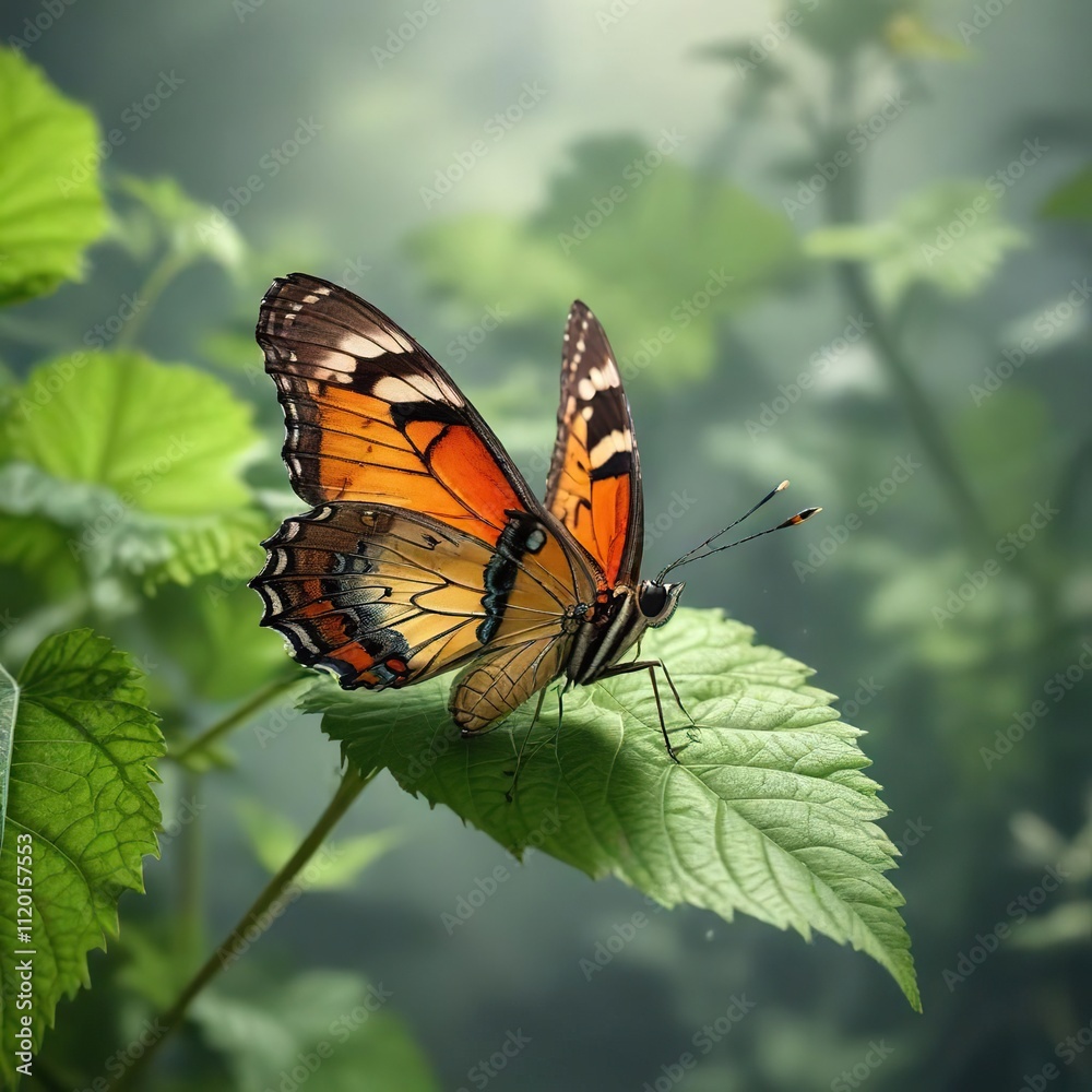 Delicate butterfly perched on a green nettle leaf, nature, entomology Delicate butterfly perched on a green nettle leaf, nature, entomology