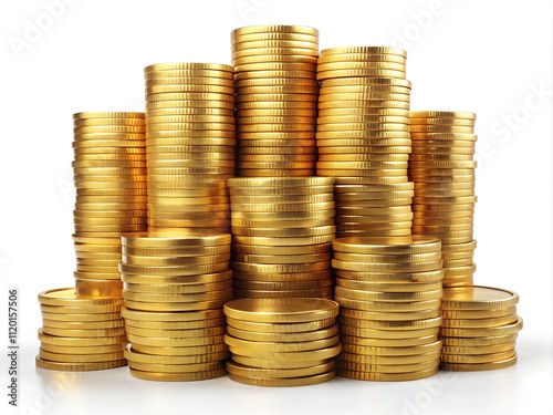 Piles of shiny gold coins rise in an organized manner, capturing the light and reflecting a sense of abundance. The arrangement emphasizes economic themes of wealth accumulation