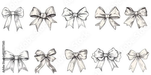 Elegant hand drawn bows collection for decoration and design elements.Vector icons for holiday, wedding, and gift wrapping decorations