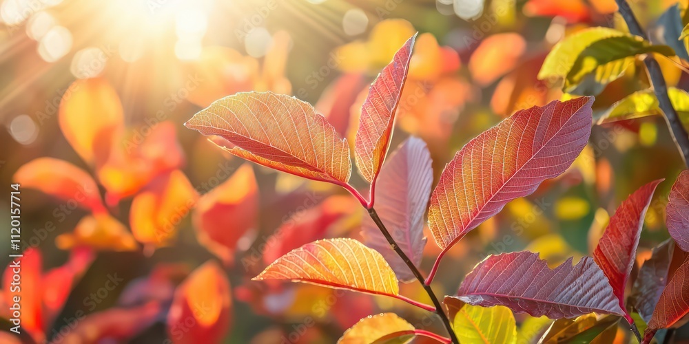 A close-up of vibrant autumn leaves in shades of red, orange, and yellow, with sunlight shining through. A close-up of vibrant autumn leaves in shades of red, orange, and yellow, with sunlight shining through.