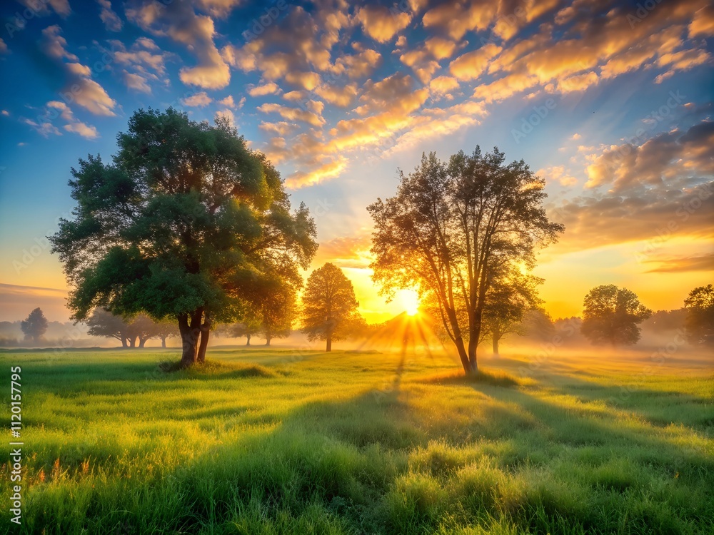 Golden sunlight breaks over the horizon, casting warm rays through a misty meadow. Lush grass sways gently as trees stand tall, creating a peaceful and serene morning atmosphere Golden sunlight breaks over the horizon, casting warm rays through a misty meadow. Lush grass sways gently as trees stand tall, creating a peaceful and serene morning atmosphere