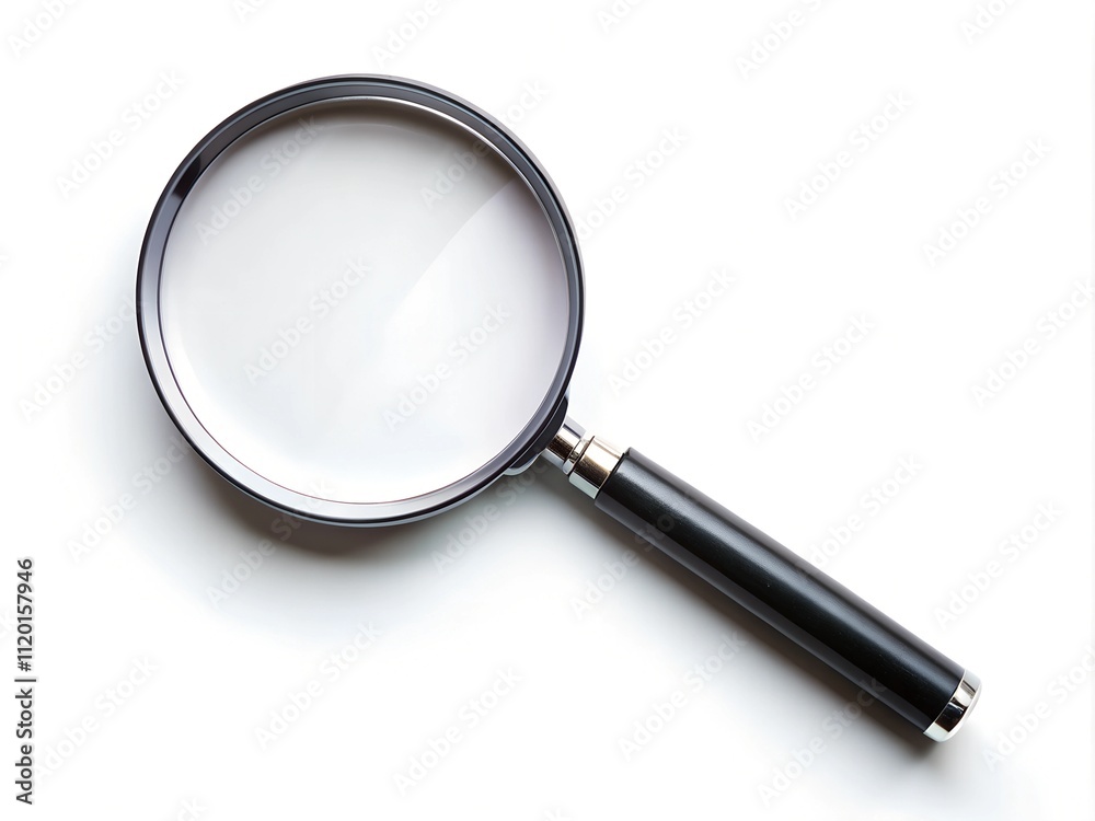 A sleek magnifying glass with a black handle is positioned against a white backdrop, symbolizing curiosity and the quest for knowledge in everyday encounters and discoveries A sleek magnifying glass with a black handle is positioned against a white backdrop, symbolizing curiosity and the quest for knowledge in everyday encounters and discoveries