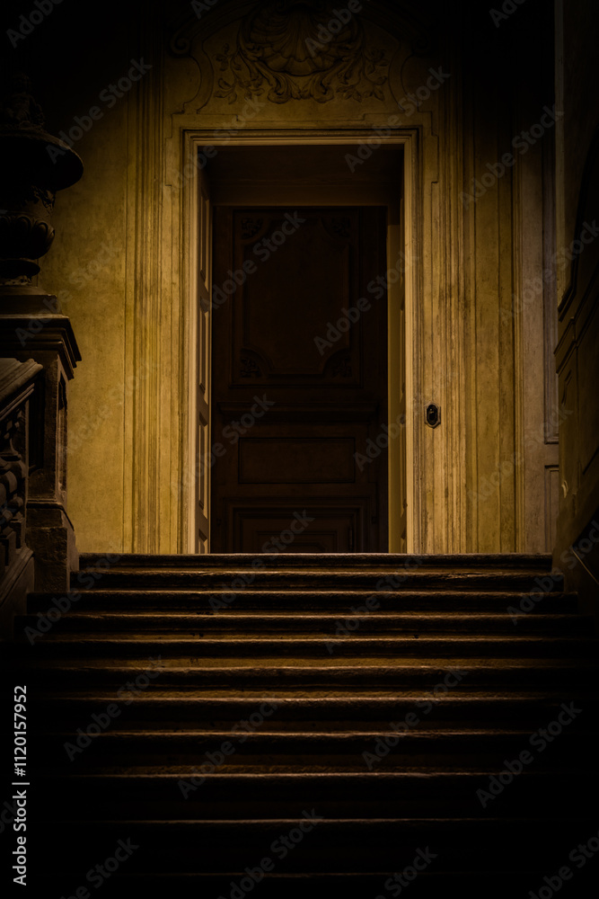 Abandoned dark staircase. Empty building, home interior, nobody.