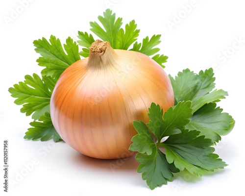 A vibrant onion sits majestically among bright green parsley leaves, creating a fresh and appealing composition perfect for culinary endeavors and healthy cooking
