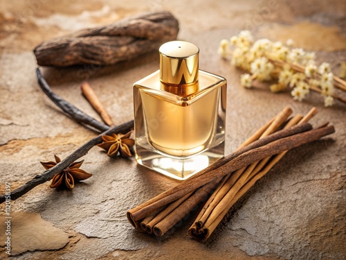 An exquisite fragrance bottle sits elegantly among cinnamon sticks, star anise, and delicate flowers, evoking a sense of warmth and inviting tranquility in a natural environment
