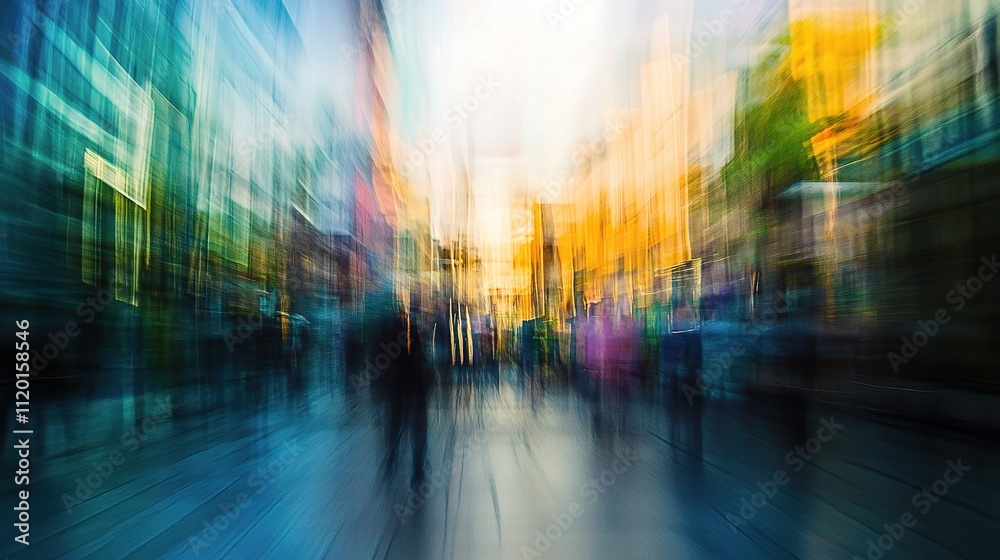Abstract Glassy City Scene with Blurred Figures and Vibrant Colors Abstract Glassy City Scene with Blurred Figures and Vibrant Colors