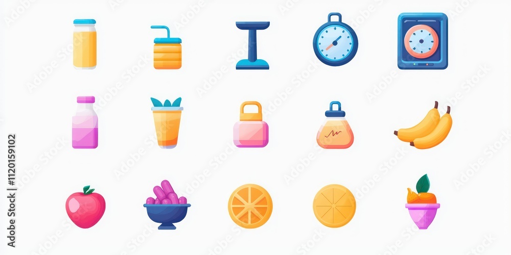 A collection of colorful weight loss icons, including scales, healthy foods, and exercise equipment for digital use. A collection of colorful weight loss icons, including scales, healthy foods, and exercise equipment for digital use.