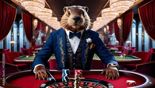 wild animal in fancy suit playing poker in a casino photo