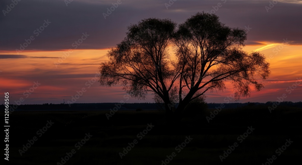Sunset silhouette of solitary tree vibrant sky Sunset silhouette of solitary tree vibrant sky