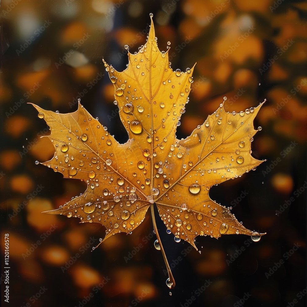 A single golden leaf with water droplets, a symbol of autumn beauty. A single golden leaf with water droplets, a symbol of autumn beauty.