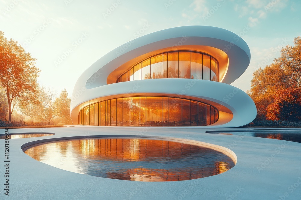 Fototapeta premium Modern architectural design featuring curvilinear forms and reflective water surfaces.