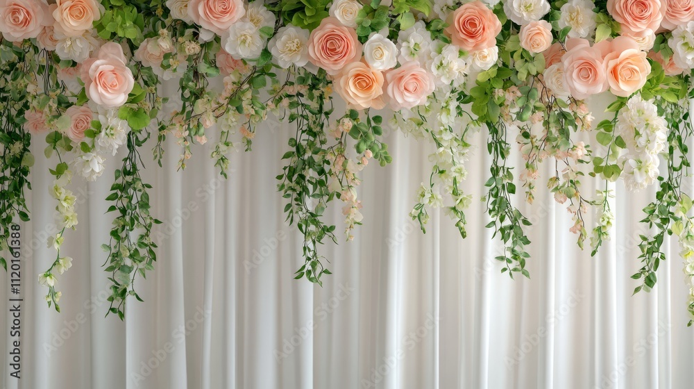 Peach and white artificial rose floral arrangement hanging over white fabric backdrop. Peach and white artificial rose floral arrangement hanging over white fabric backdrop.