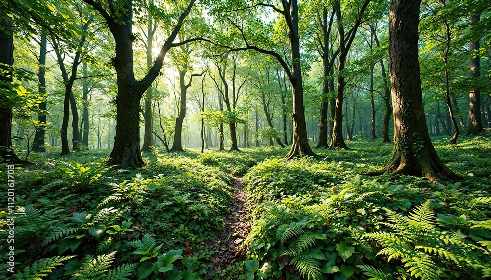 A forest floor covered in green leaves and ferns under a canopy of trees, tree canopy, ferns A forest floor covered in green leaves and ferns under a canopy of trees, tree canopy, ferns