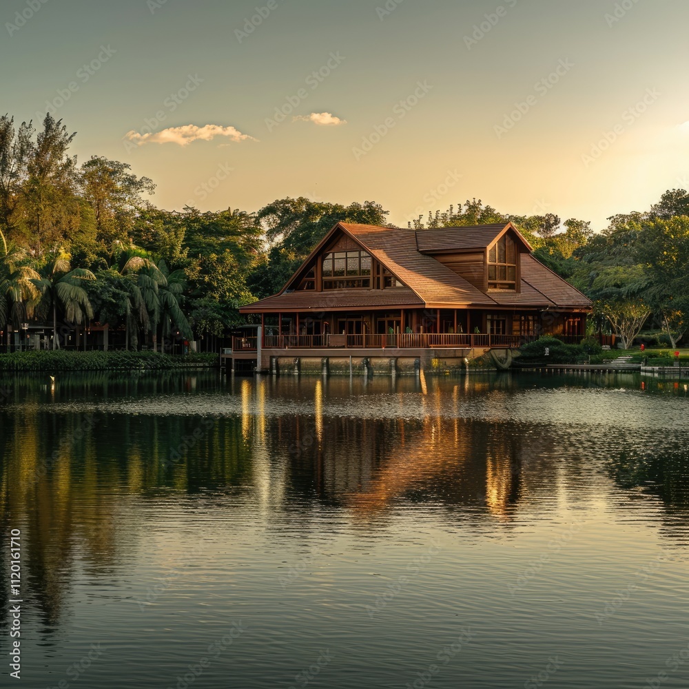 Wooden house on stilts reflecting in calm lake water. Wooden house on stilts reflecting in calm lake water.