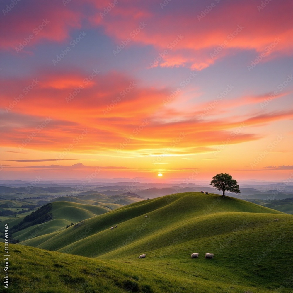 Obraz premium A panoramic view of rolling green hills under a vibrant orange and pink sunset sky. A single tree stands on a hilltop, silhouetted against the colorful horizon, while grazing sheep add a touch of life