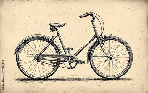 Detailed illustration of a vintage-style bicycle, showcasing its classic design with a prominent frame, two wheels, and a comfortable seat set against a textured background. photo