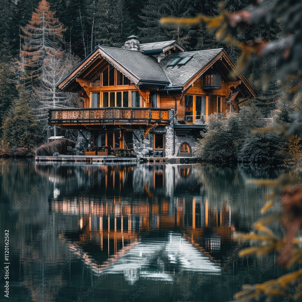 Fototapeta premium A wooden cabin with a balcony sits on the edge of a still lake, reflecting its image.