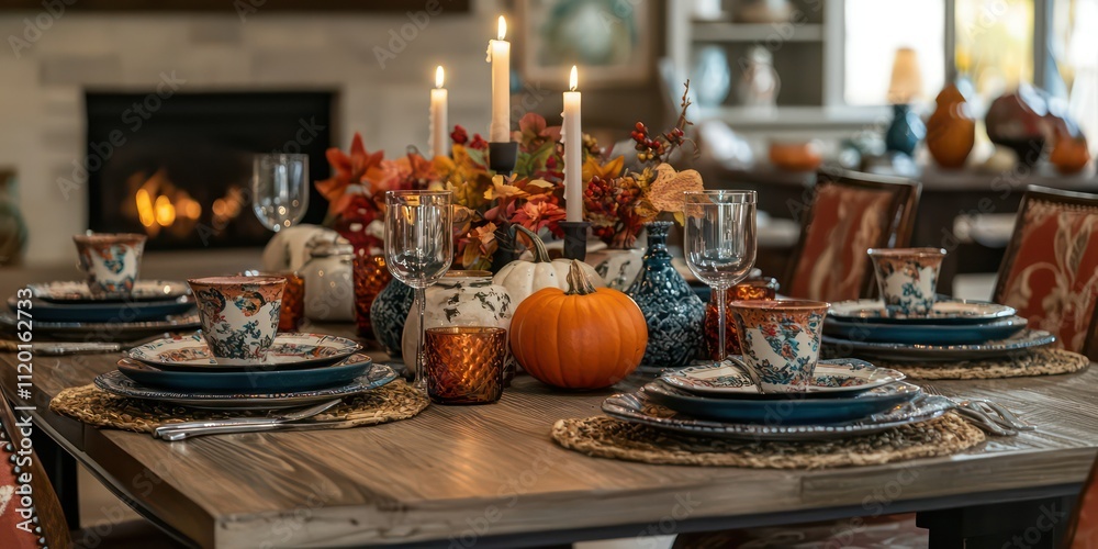 A dining table set for an autumn feast, featuring seasonal decorations like pumpkins, candles, and colorful tableware. A dining table set for an autumn feast, featuring seasonal decorations like pumpkins, candles, and colorful tableware.