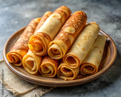 Freshly prepared crepes are beautifully rolled and stacked on a rustic plate, showcasing their golden-brown edges and inviting filling, perfect for any meal