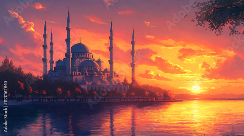 majestic masjid illustration, sunset view, generative ai photo