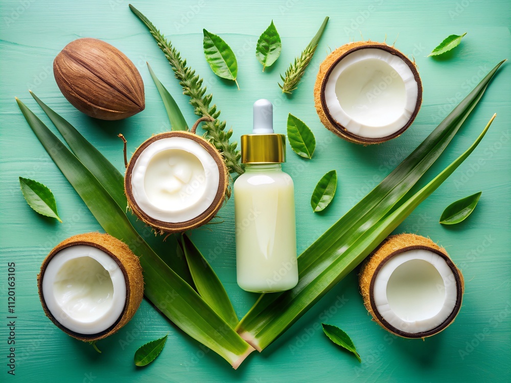 A tranquil composition showcases fresh coconut halves, green aloe leaves, and a glass dropper bottle filled with a creamy substance, celebrating nature’s bounty for skincare A tranquil composition showcases fresh coconut halves, green aloe leaves, and a glass dropper bottle filled with a creamy substance, celebrating nature’s bounty for skincare