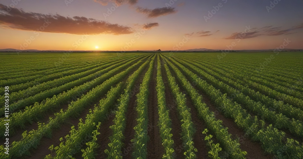 Alfalfa squares stretching towards the horizon in a vast alfalfa field under the warm glow of dusk, evening sky, pasture Alfalfa squares stretching towards the horizon in a vast alfalfa field under the warm glow of dusk, evening sky, pasture