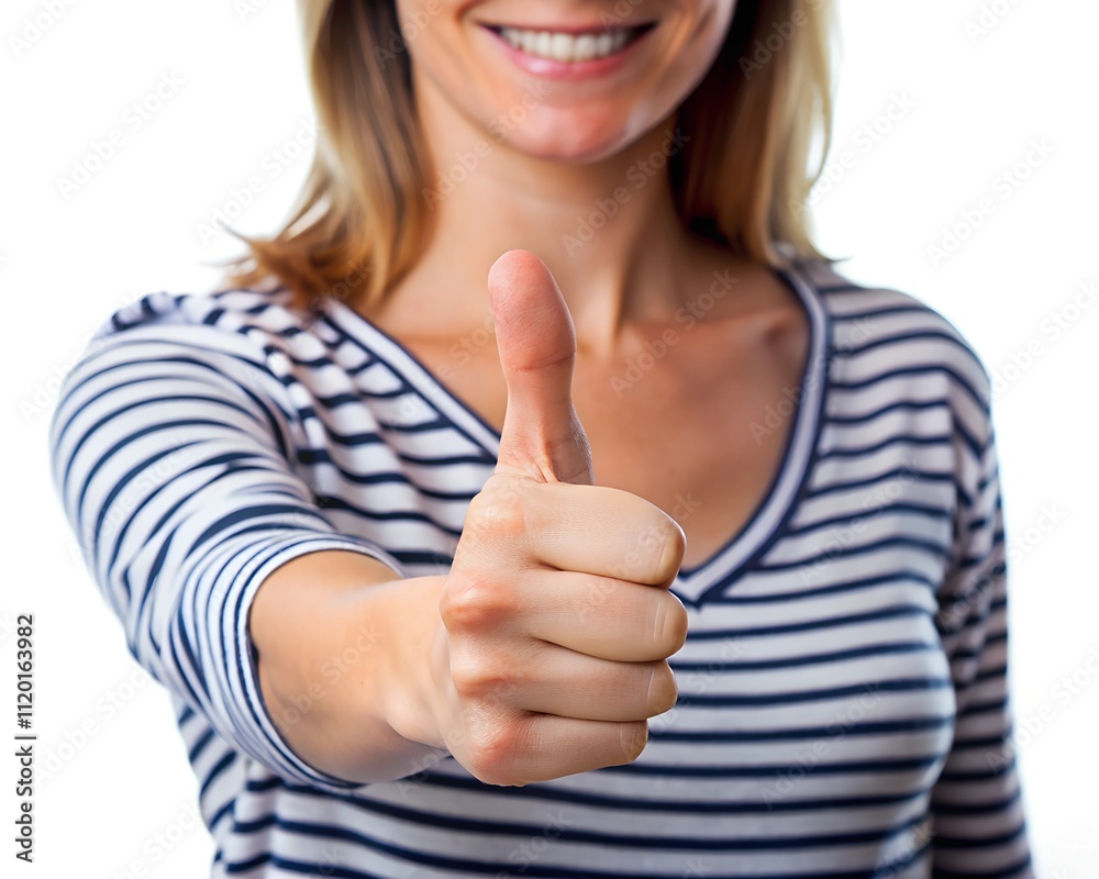 A woman with a cheerful expression extends her arm, proudly showcasing a thumbs up gesture. Her striped shirt adds a touch of casual elegance as she exudes enthusiasm and confidence A woman with a cheerful expression extends her arm, proudly showcasing a thumbs up gesture. Her striped shirt adds a touch of casual elegance as she exudes enthusiasm and confidence