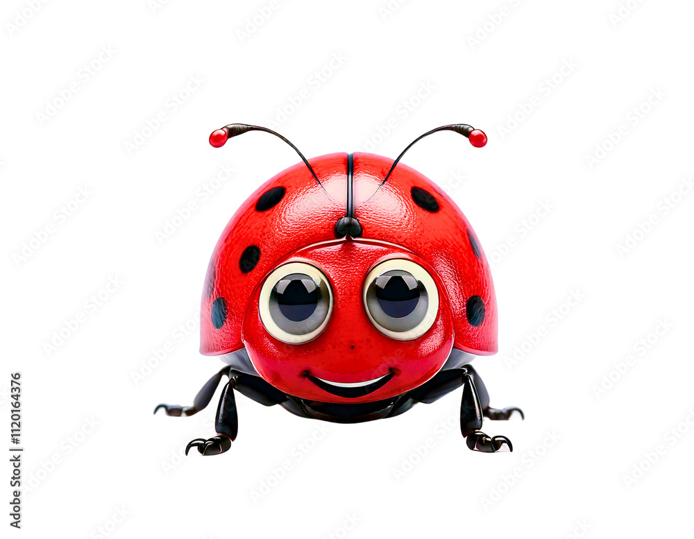 Fototapeta premium Bright red cartoon ladybug with big eyes and a cheerful face on a clear background