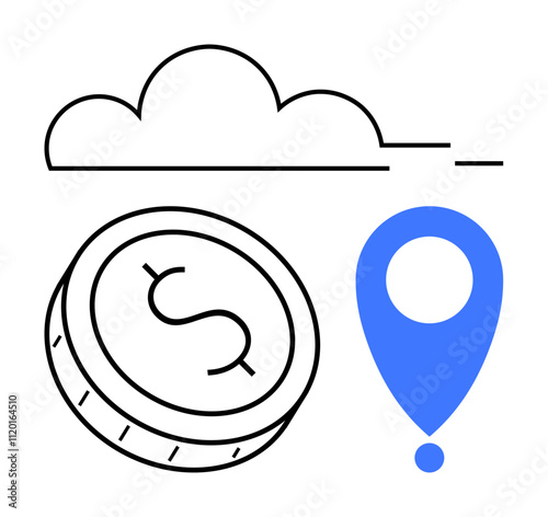 Cloud outline, coin with dollar sign, blue location marker. Ideal for financial tech, geolocation services, cloud computing, digital transactions, online banking, global services seamless