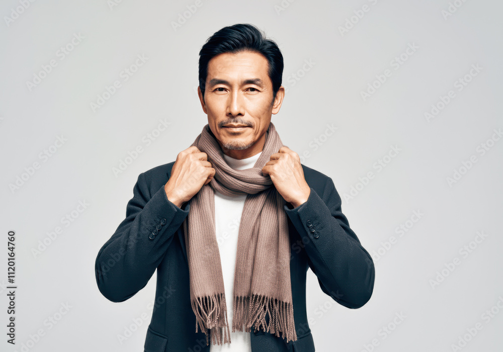 Asian mature male in stylish scarf and jacket against neutral background Asian mature male in stylish scarf and jacket against neutral background
