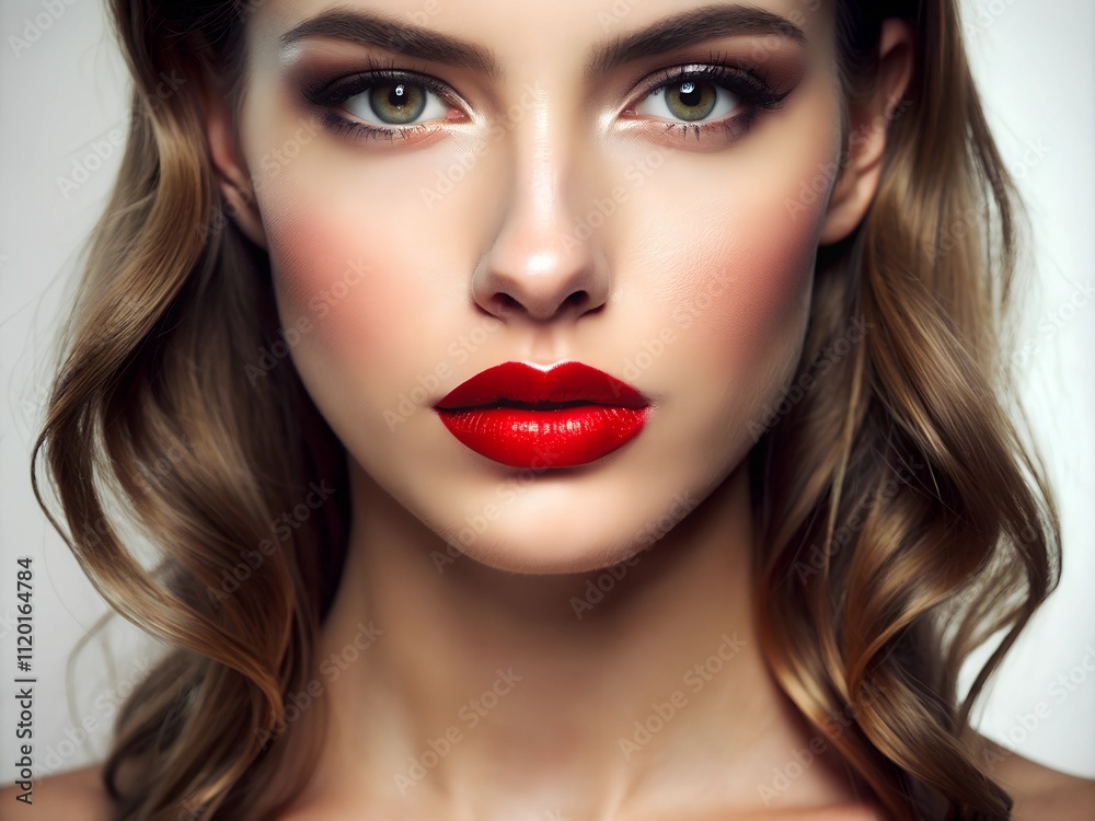 This captivating portrait features a model with luxurious waves framing her face, emphasizing her flawless complexion and bold red lips. A blend of glamour and artistry shines through the composition This captivating portrait features a model with luxurious waves framing her face, emphasizing her flawless complexion and bold red lips. A blend of glamour and artistry shines through the composition