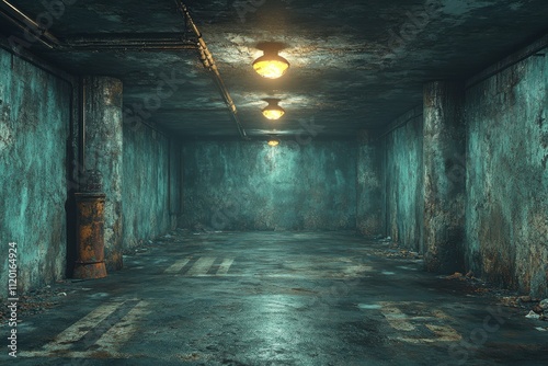 A dimly lit, abandoned parking garage with peeling walls and scattered debris.