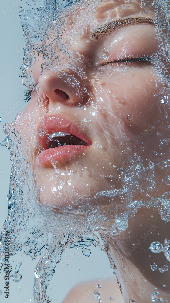 Fototapeta premium Captivating Moment of a Young Woman With Water Splashing Around Her Face in a Serene and Artistic Display of Beauty