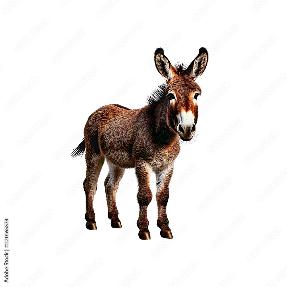 Brown donkey standing on a transparent background in a playful pose Brown donkey standing on a transparent background in a playful pose