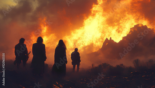 Figures walk through a fiery, smoke-filled landscape, creating a powerful and dramatic scene.