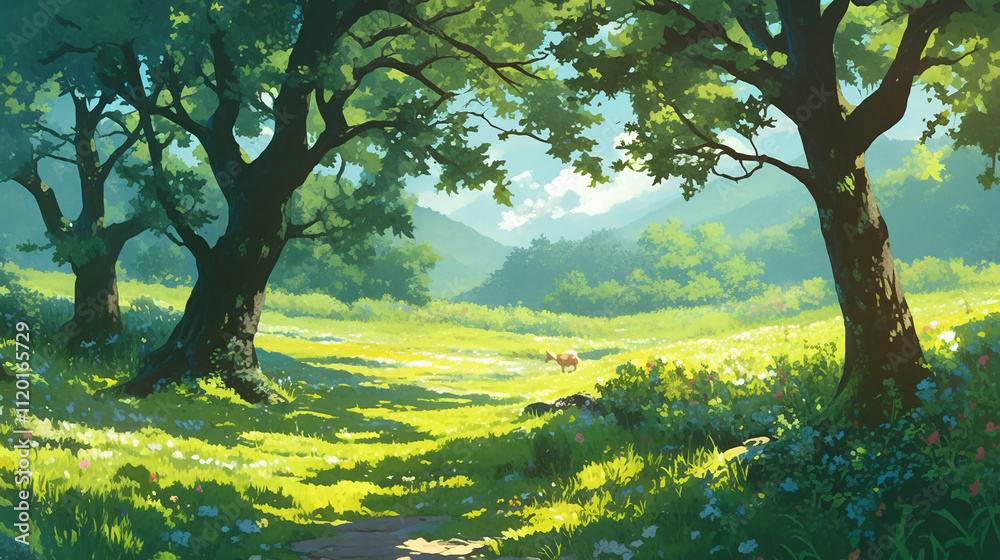 Fototapeta premium kawaii anime cartoon spring season blooming flower Meadow and mountain forest happy day background
