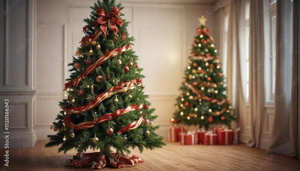 Detailed fir Christmas tree with ribbons and bows, decorative, ribbons, festive colors Detailed fir Christmas tree with ribbons and bows, decorative, ribbons, festive colors
