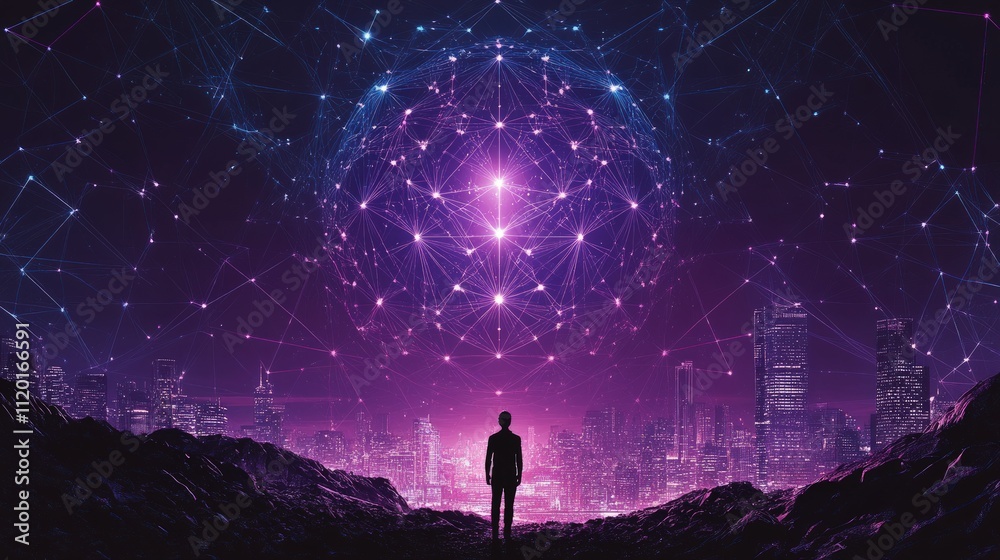 Fototapeta premium Silhouette of a person gazing at a glowing cosmic sphere above a futuristic cityscape.
