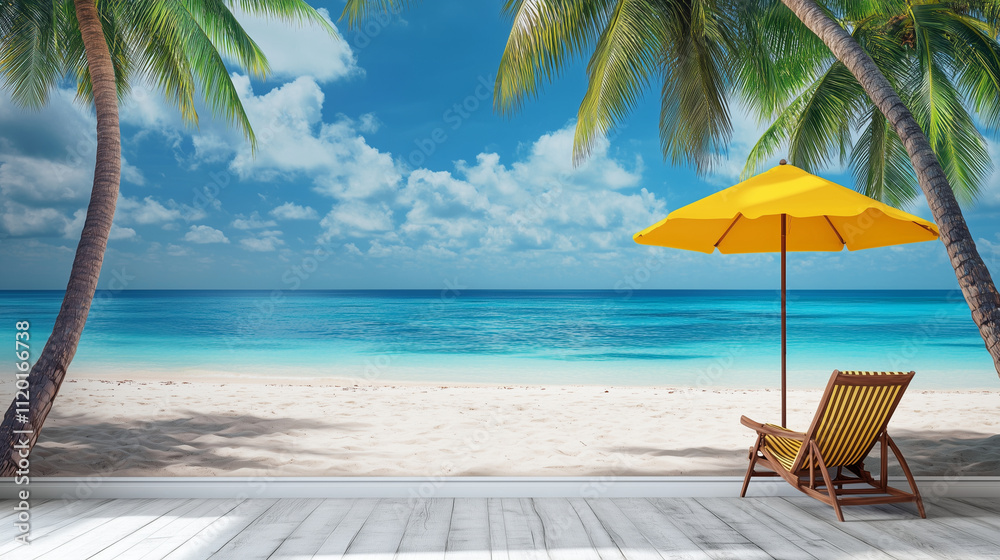Obraz premium A tropical beach with soft white sand stretching into the distance. In the foreground, a beach umbrella shades a colorful chair. 