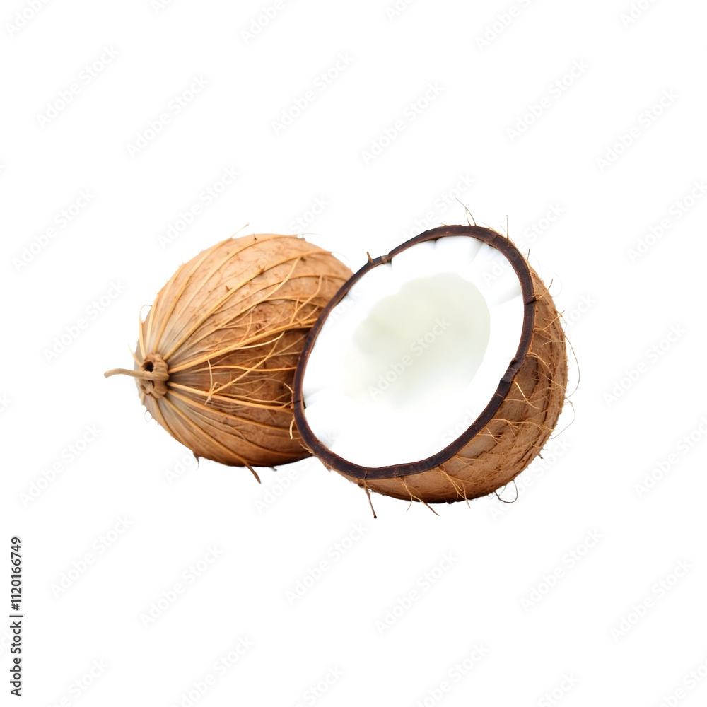 One cut and open Coconut next to unopen coconut
