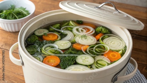 A fermentation crock displaying freshly packed vegetables with brine swirling around as fermentation begins. photo