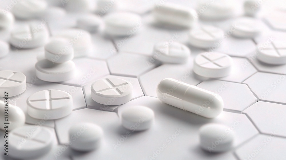 Clean Medical Background with White Pills and Geometric Hexagons Clean Medical Background with White Pills and Geometric Hexagons