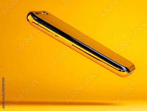 A close up of a gold phone on a yellow background